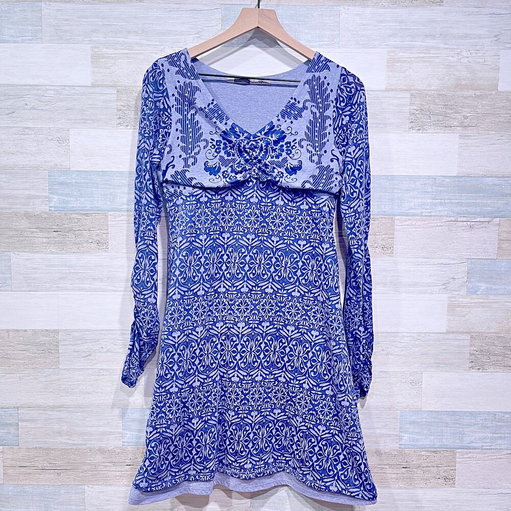 Athleta Hot Creek Dress Blue Paisley Ruched Stretch Jersey Knit Womens Medium